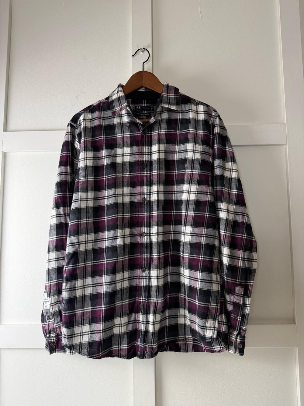 Simons Plaid Button-Up 100% Cotton Flannel Shirt in Black, White & Purple